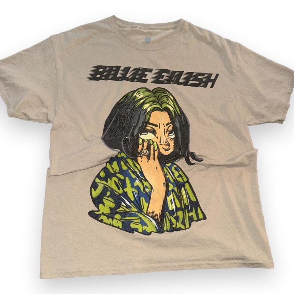 Billie Eilish beige anime portrait graphic T-shirt . Blohsh tag size Large